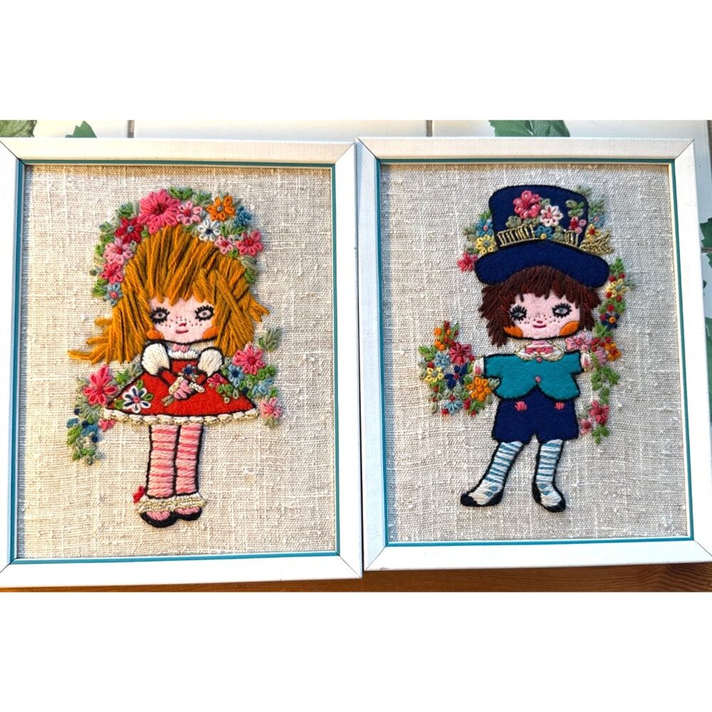 Vintage 1975 Signed Framed Embroidered Children Wall Art Pair Floral